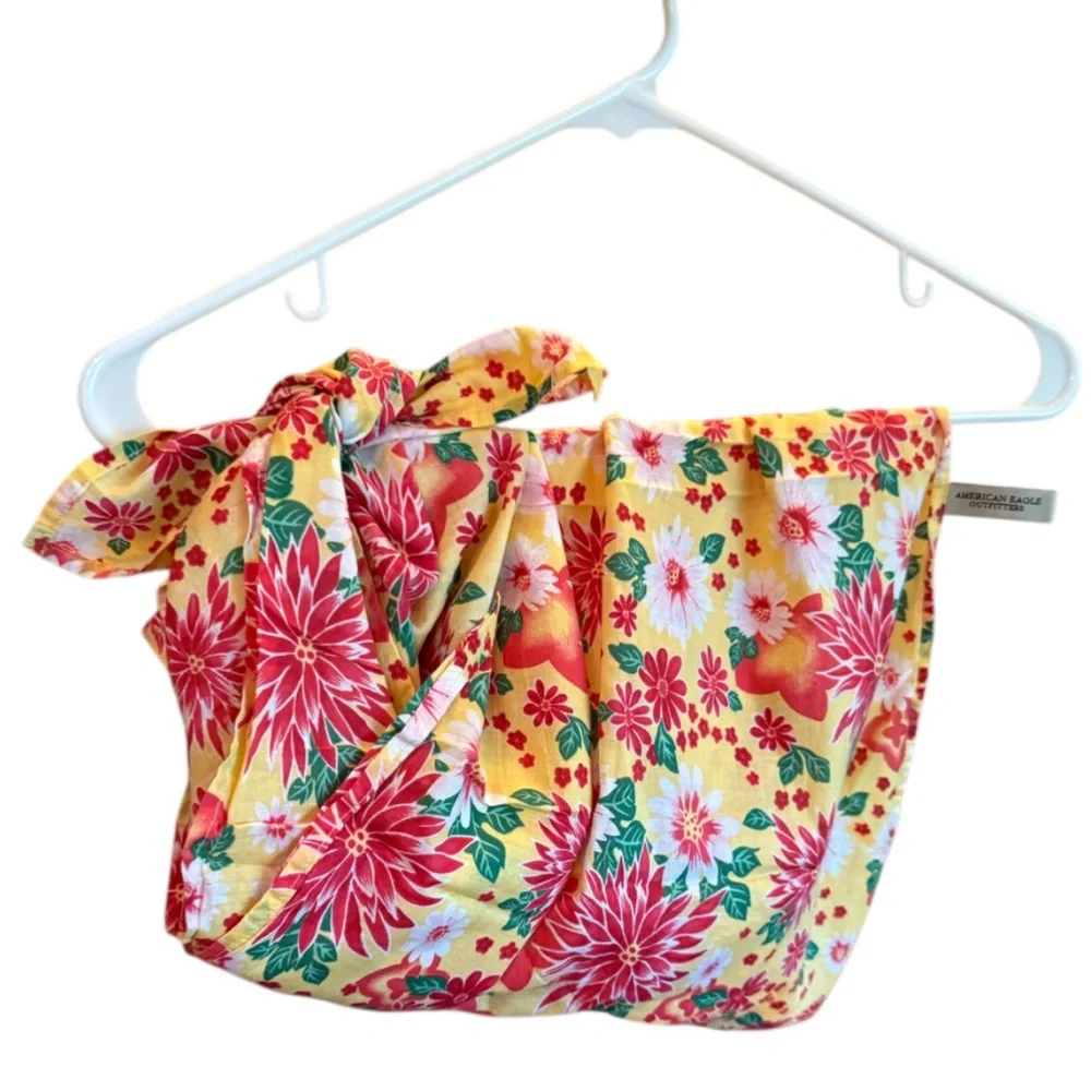 AEO Pink Yellow VTG Bali Floral Print Cotton Swim/Sarong/Wrap HeadScarf ⭐️